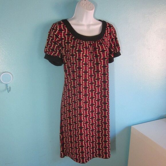 Loft Women Size S Casual Pullover Red Geometric Print Knee Length Dress 38" Bust - Picture 1 of 10